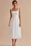 Vestido de compromiso midi blanco blanco de cuello cuadrado con cuello cuadrado