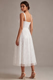 Vestido de compromiso midi blanco blanco de cuello cuadrado con cuello cuadrado