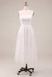 Vestido de compromiso midi blanco blanco de cuello cuadrado con cuello cuadrado