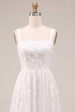 Vestido de compromiso midi blanco blanco de cuello cuadrado con cuello cuadrado