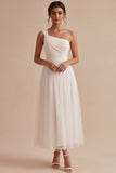 Vestido de compromiso blanco midi de línea en A de un solo hombro