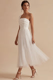 Vestido de compromiso blanco midi de línea en A de un solo hombro
