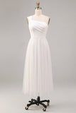 Vestido de compromiso blanco midi de línea en A de un solo hombro