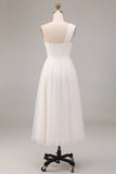 Vestido de compromiso blanco midi de línea en A de un solo hombro