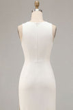 Vestido largo de compromiso de satén de cuello redondo de sirena blanca con abertura