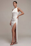 Vestido largo de compromiso de satén de cuello redondo de sirena blanca con abertura