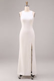Vestido largo de compromiso de satén de cuello redondo de sirena blanca con abertura