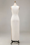 Vestido largo de compromiso de satén de cuello redondo de sirena blanca con abertura