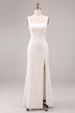 Vestido largo de compromiso blanco sirena con cuello cuadrado y abertura
