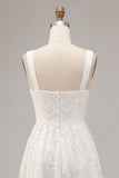 Vestido de compromiso Midi Midi de tirantes blancos florales gruesos de línea A