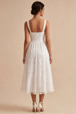 Vestido de compromiso Midi Midi de tirantes blancos florales gruesos de línea A