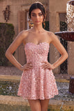 Vestido corto rosa A-Line Sweetheart 3D flor para el homecoming con volantes