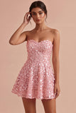 Vestido corto rosa A-Line Sweetheart 3D flor para el homecoming con volantes