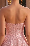 Vestido corto rosa A-Line Sweetheart 3D flor para el homecoming con volantes