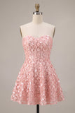 Vestido corto rosa A-Line Sweetheart 3D flor para el homecoming con volantes