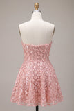Vestido corto rosa A-Line Sweetheart 3D flor para el homecoming con volantes