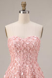 Vestido corto rosa A-Line Sweetheart 3D flor para el homecoming con volantes