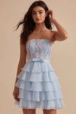 Vestido corto azul sin tirantes en línea A, con volantes y florales y volantes, vestido corto de bienvenida