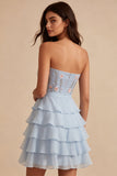 Vestido corto azul sin tirantes en línea A, con volantes y florales y volantes, vestido corto de bienvenida