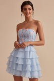 Vestido corto azul sin tirantes en línea A, con volantes y florales y volantes, vestido corto de bienvenida