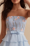 Vestido corto azul sin tirantes en línea A, con volantes y florales y volantes, vestido corto de bienvenida