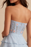 Vestido corto azul sin tirantes en línea A, con volantes y florales y volantes, vestido corto de bienvenida