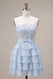 Vestido corto azul sin tirantes en línea A, con volantes y florales y volantes, vestido corto de bienvenida
