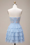 Vestido corto azul sin tirantes en línea A, con volantes y florales y volantes, vestido corto de bienvenida