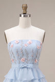 Vestido corto azul sin tirantes en línea A, con volantes y florales y volantes, vestido corto de bienvenida