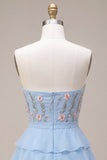 Vestido corto azul sin tirantes en línea A, con volantes y florales y volantes, vestido corto de bienvenida