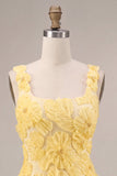 Vestido corto corto amarillo de bienvenida a casa con cuello cuadrado en línea A, perlas, con collares