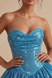Vestido de bienvenida a casa con lentejuelas azul A-line de corazón brillante
