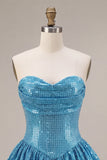 Vestido de bienvenida a casa con lentejuelas azul A-line de corazón brillante