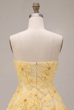Vestido de bienvenida floral con volantes y perlas amarillas A-Line con cuentas y volantes