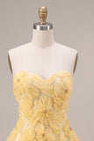 Vestido de bienvenida floral con volantes y perlas amarillas A-Line con cuentas y volantes
