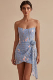Corsé corto azul bodycon sin tirantes bordado con flores y fajilla