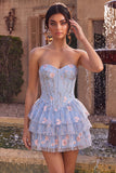 Corsé sin tirantes azul Línea A floral con volantes y cintura vasca vestido de bienvenida