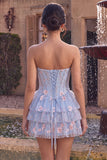 Corsé sin tirantes azul Línea A floral con volantes y cintura vasca vestido de bienvenida