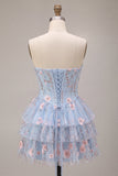 Corsé sin tirantes azul Línea A floral con volantes y cintura vasca vestido de bienvenida