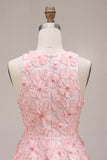 Vestido de bienvenida rosa con perlas florales de cuello redondo y volantes en línea A con bolas y abalorios