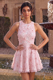 Vestido de bienvenida rosa con perlas florales de cuello redondo y volantes en línea A con bolas y abalorios