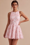 Vestido de bienvenida rosa con perlas florales de cuello redondo y volantes en línea A con bolas y abalorios