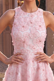 Vestido de bienvenida rosa con perlas florales de cuello redondo y volantes en línea A con bolas y abalorios