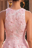 Vestido de bienvenida rosa con perlas florales de cuello redondo y volantes en línea A con bolas y abalorios