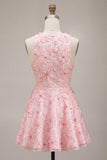Vestido de bienvenida rosa con perlas florales de cuello redondo y volantes en línea A con bolas y abalorios