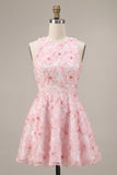 Vestido de bienvenida rosa con perlas florales de cuello redondo y volantes en línea A con bolas y abalorios