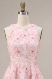 Vestido de bienvenida rosa con perlas florales de cuello redondo y volantes en línea A con bolas y abalorios