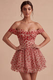 Corsé rojo de lentejuelas con línea A con hombros descubiertos, vestido de bienvenida con volantes y escaleras