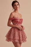 Corsé rojo de lentejuelas con línea A con hombros descubiertos, vestido de bienvenida con volantes y escaleras