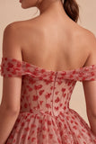 Corsé rojo de lentejuelas con línea A con hombros descubiertos, vestido de bienvenida con volantes y escaleras
